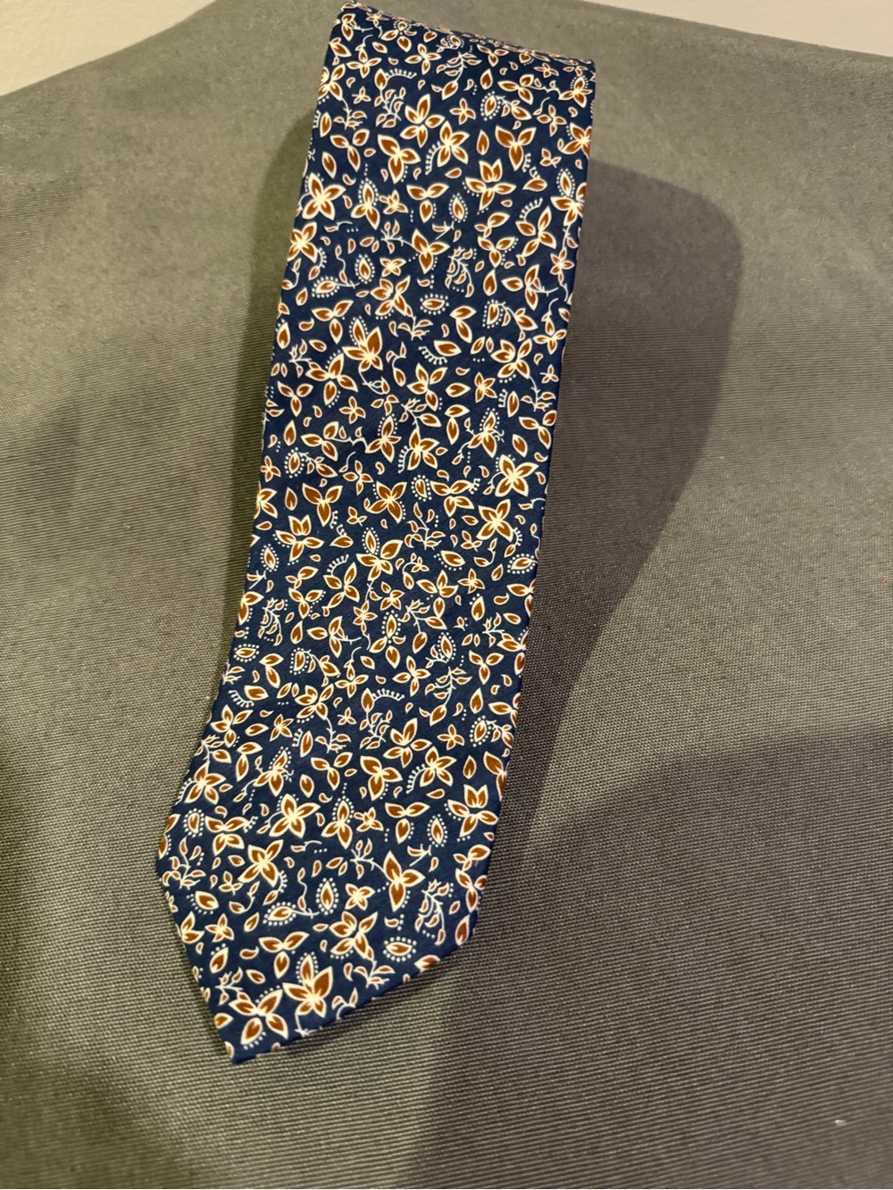 J Crew Mens 100% Cotton Navy Tie with Brown Flowers - Coastal Casual Sustainable